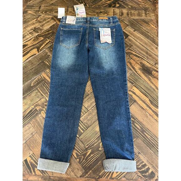 NWT Almost Famous Mid Rise Roll Up Jeans Women 9 Blue Denim Distressed Raw Hem - Picture 5 of 16